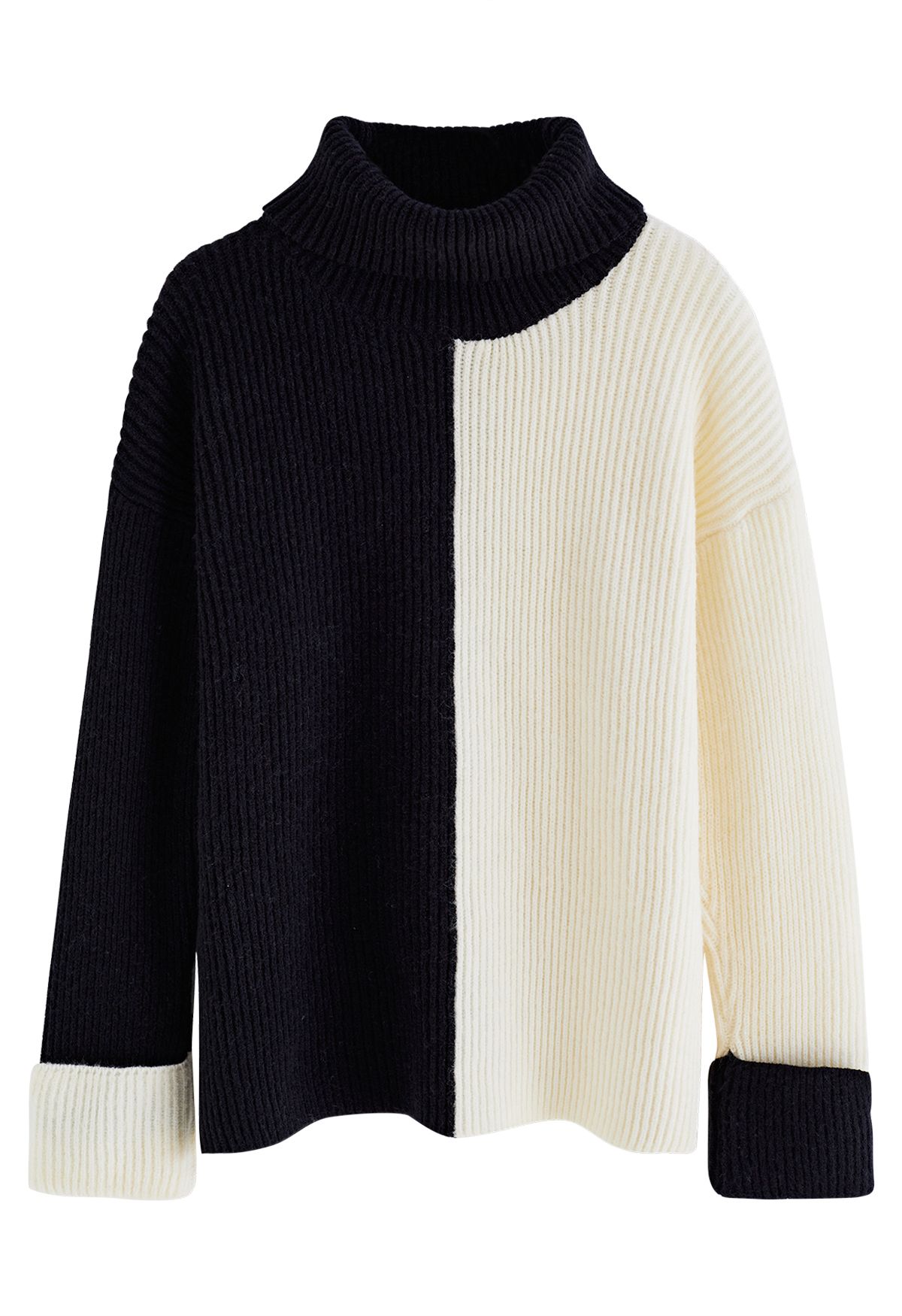 Turtleneck Two-Tone Turnback-Cuff Chunky Knit Sweater