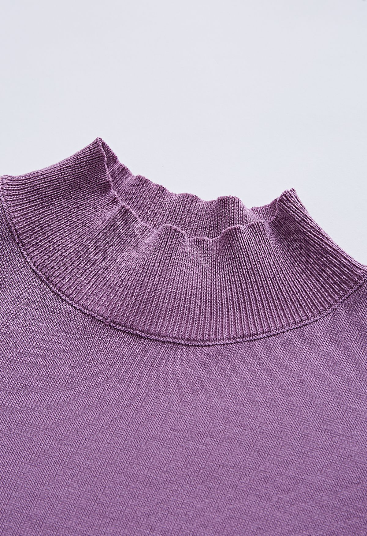 Mock Neck Satin Spliced Knit Top in Violet