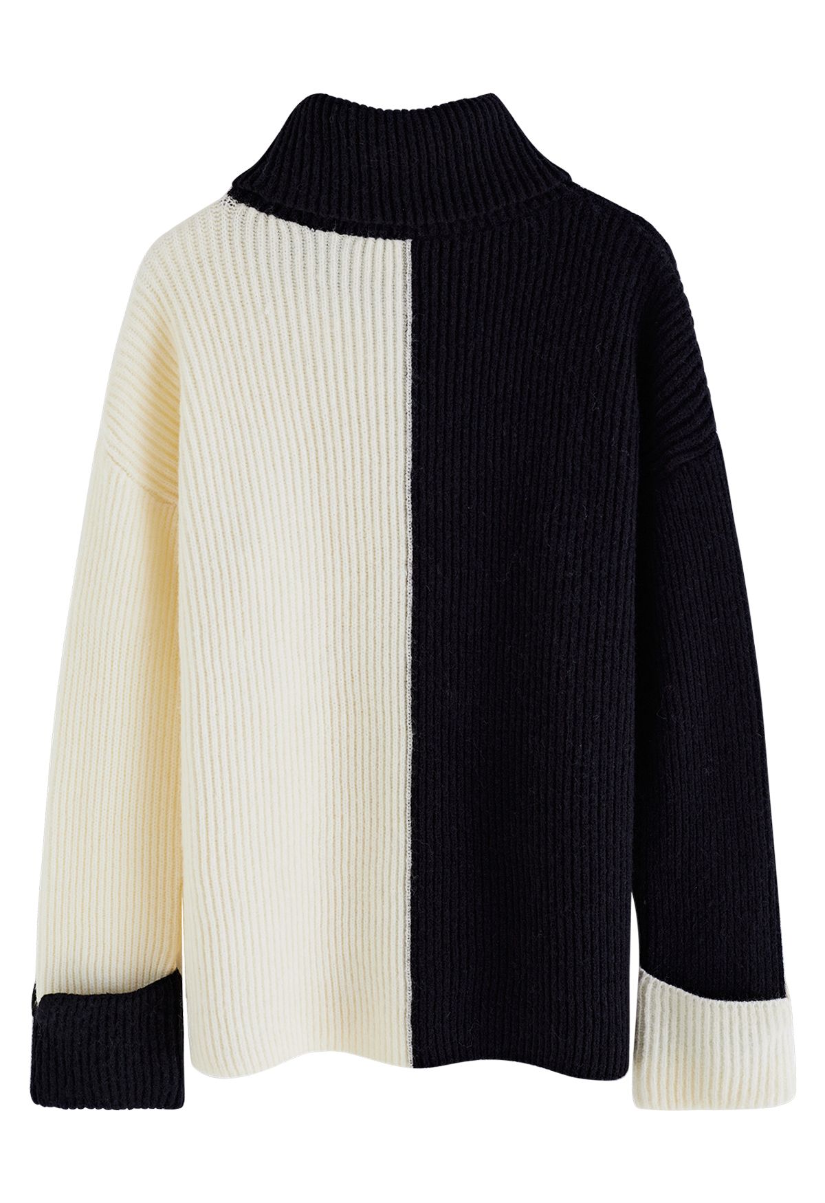 Turtleneck Two-Tone Turnback-Cuff Chunky Knit Sweater