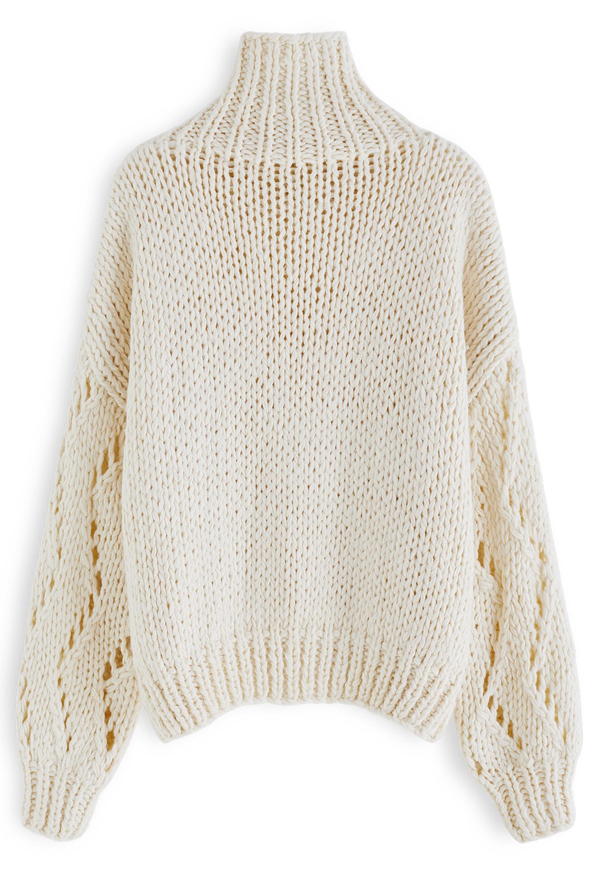 Pointelle Sleeve High Neck Hand-Knit Sweater in Cream