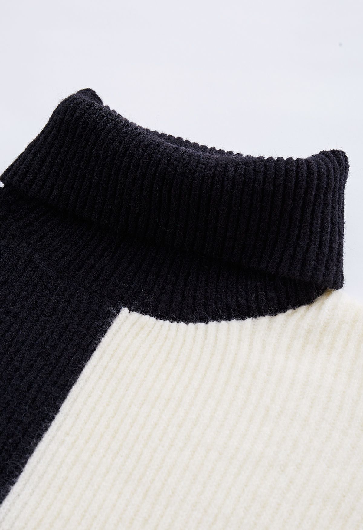 Turtleneck Two-Tone Turnback-Cuff Chunky Knit Sweater