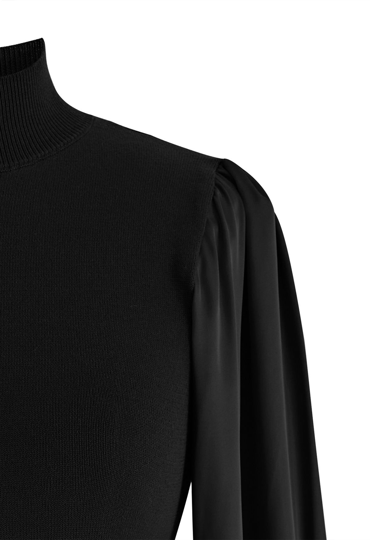 Mock Neck Satin Spliced Knit Top in Black