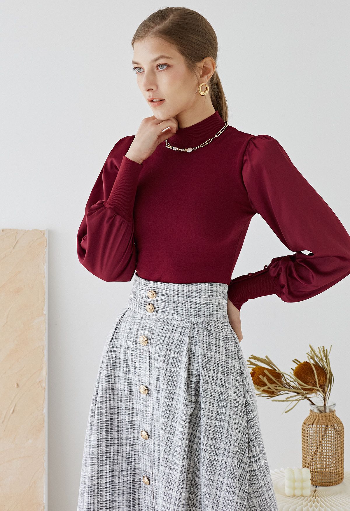 Mock Neck Satin Spliced Knit Top in Burgundy