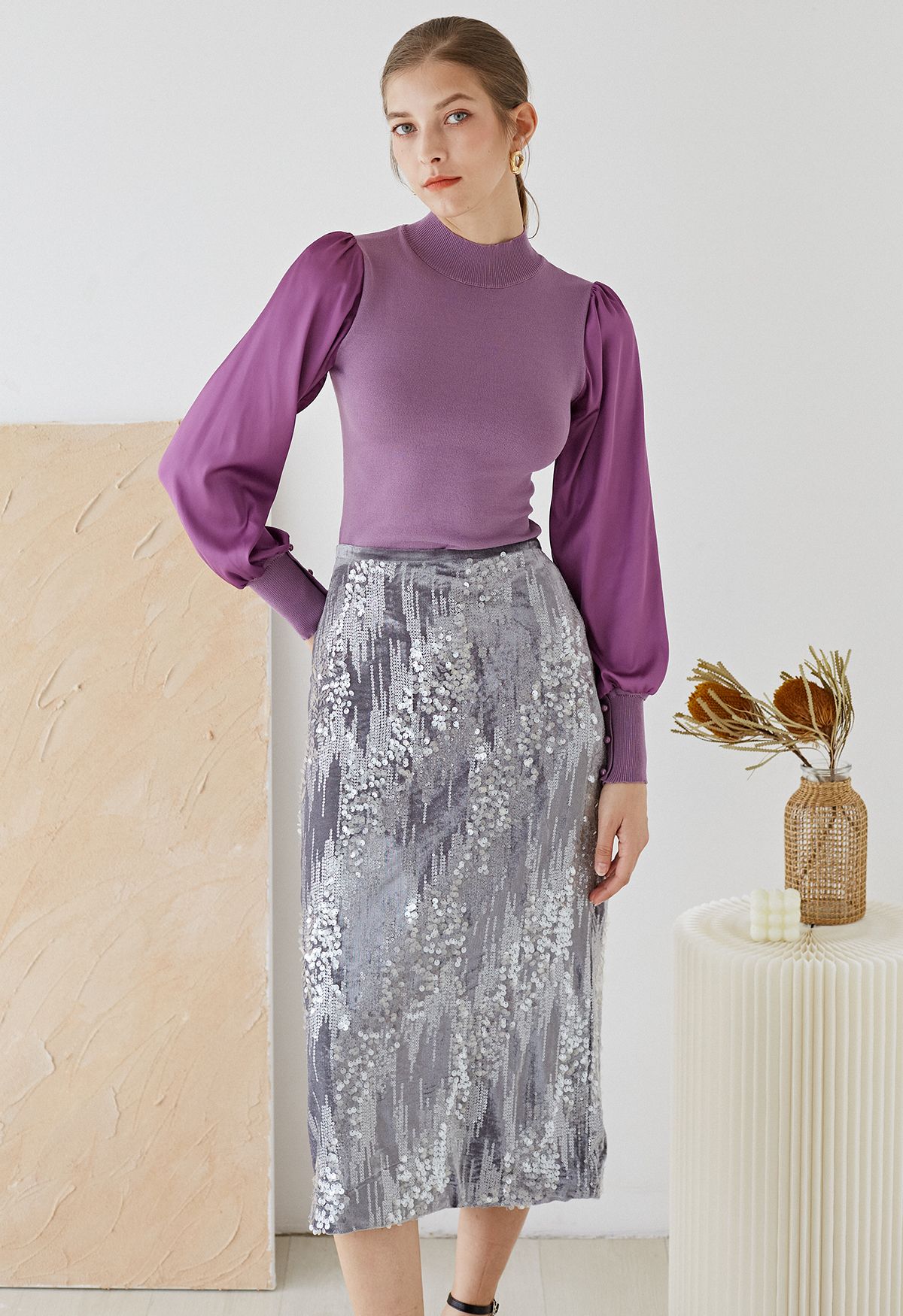 Mock Neck Satin Spliced Knit Top in Violet