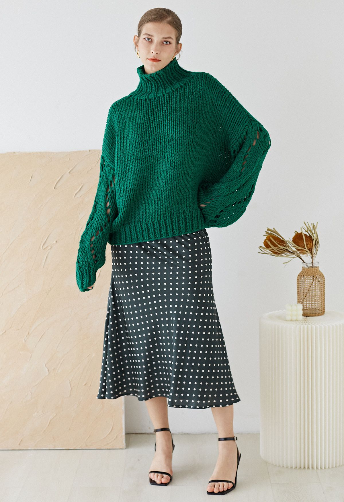 Pointelle Sleeve High Neck Hand-Knit Sweater in Green