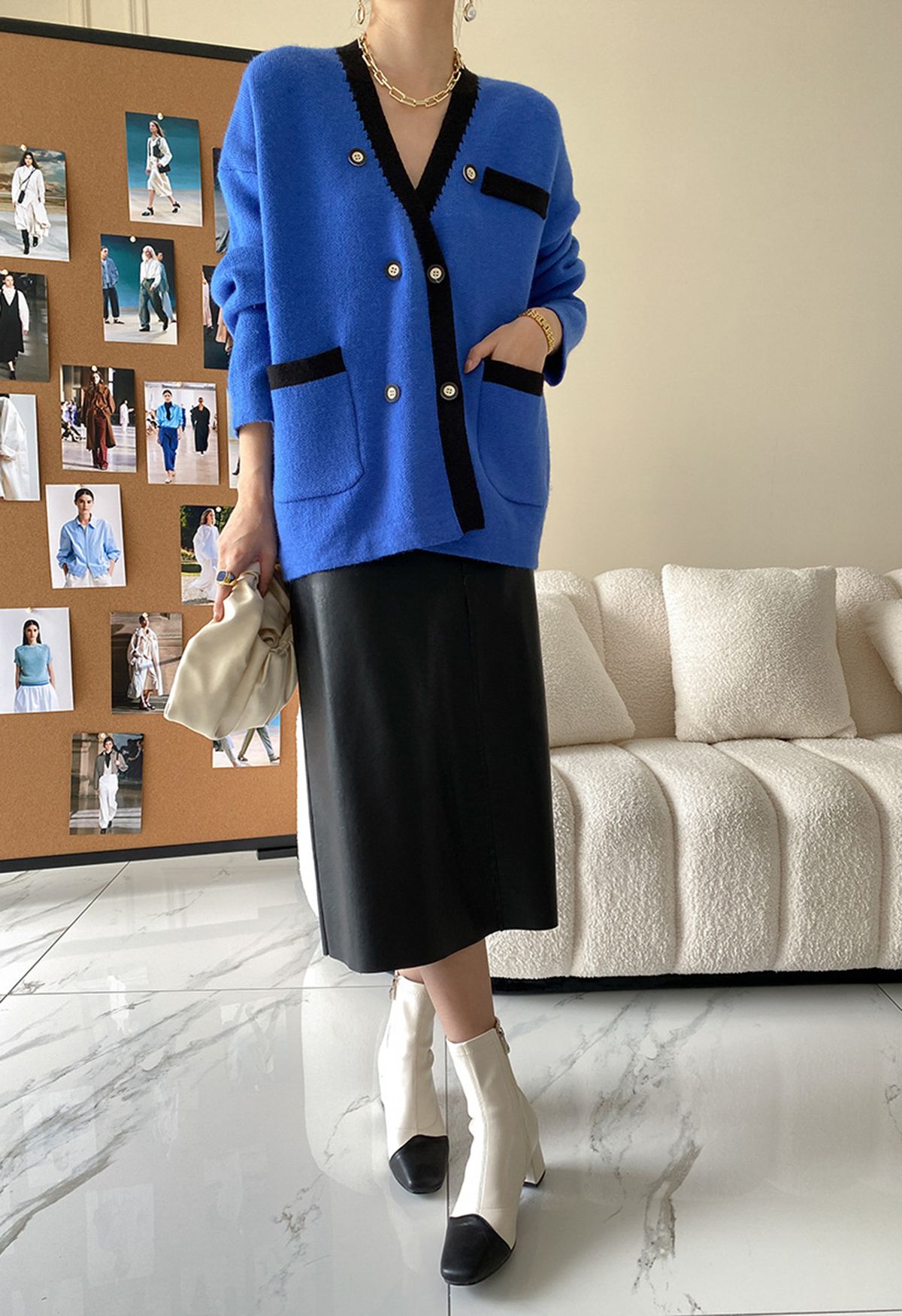 Double-Breasted Contrast Color Cardigan in Blue