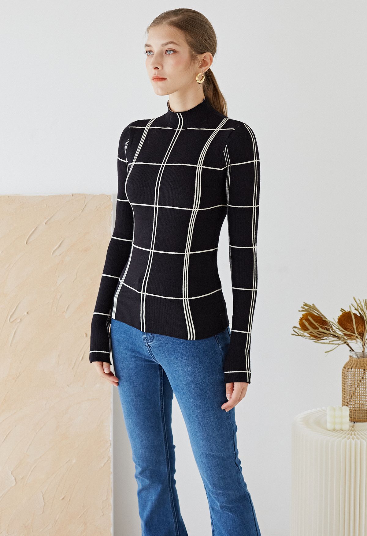 Grid Mock Neck Knit Top in Black