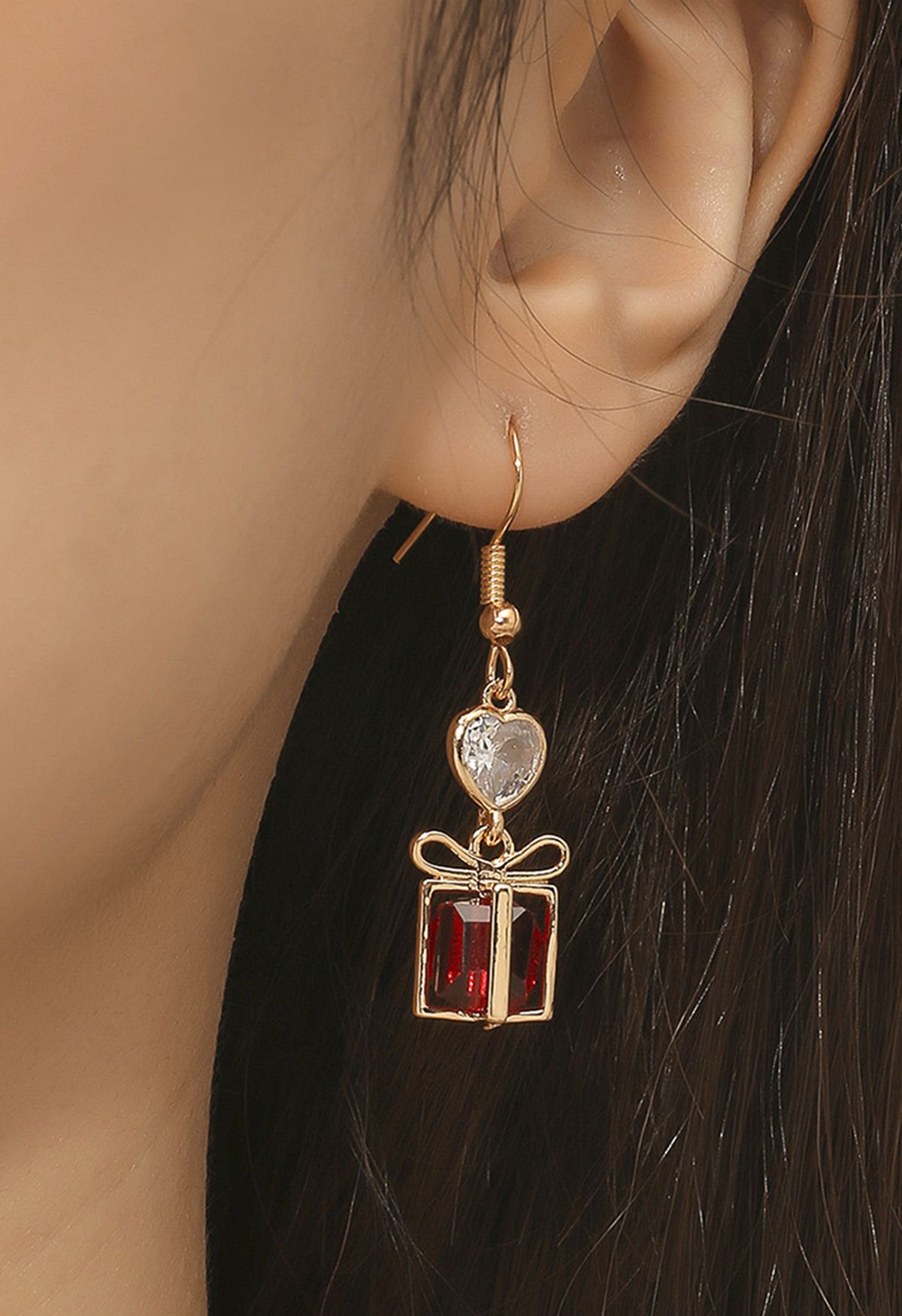 Gold Trim Red Crystal Gift Box Earrings