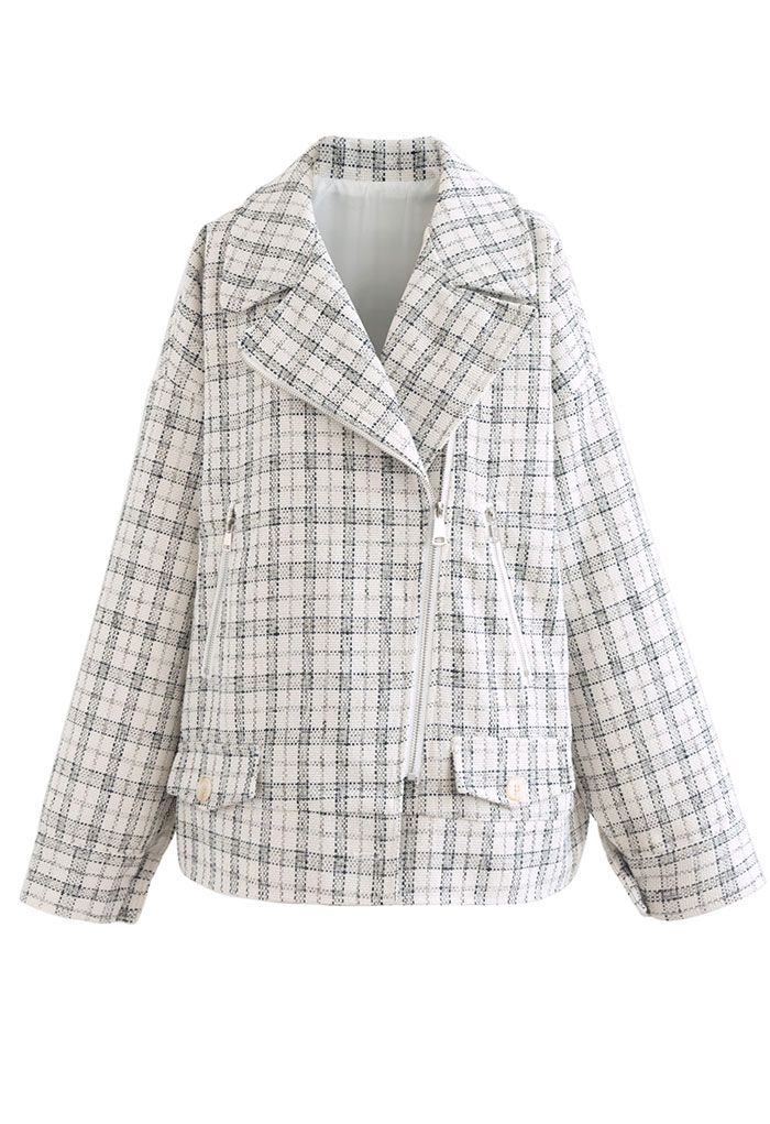 Zip-Up Check Tweed Blazer in White