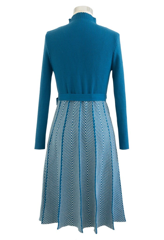 Herringbone Print Mock Neck Belted Knit Dress in Indigo