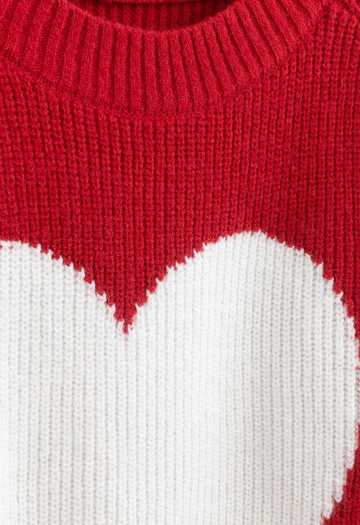 One Heart Rib Knit Oversized Sweater in Red