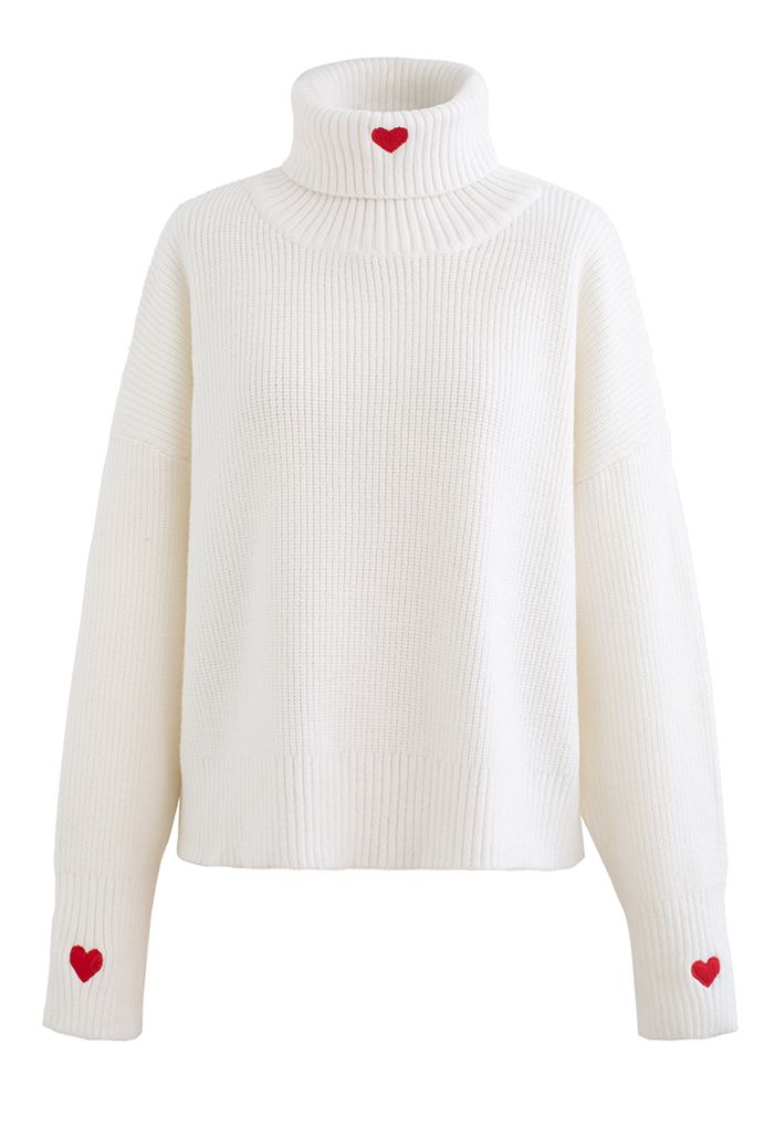 Embroidered Red Heart Turtleneck Crop Sweater in White