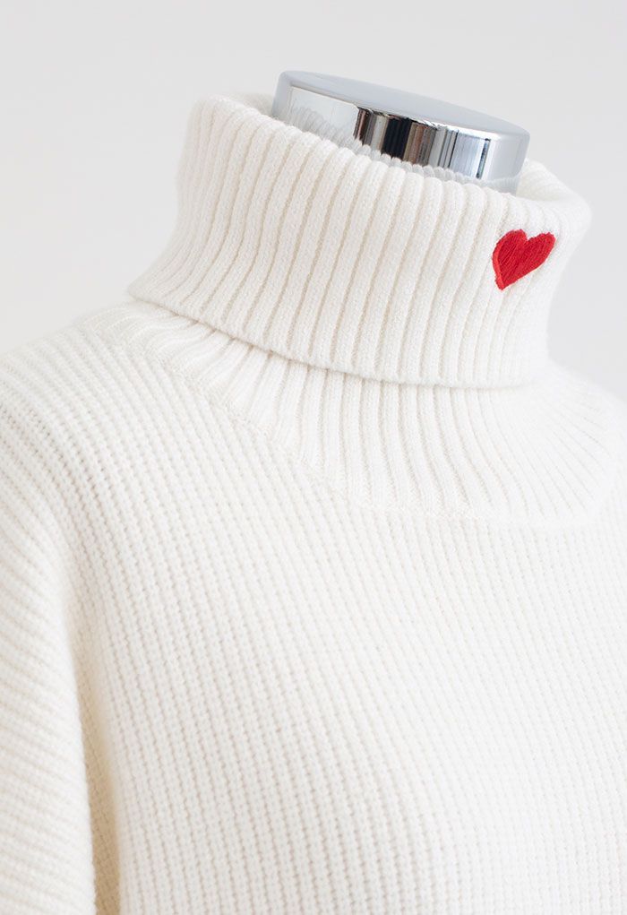 Embroidered Red Heart Turtleneck Crop Sweater in White