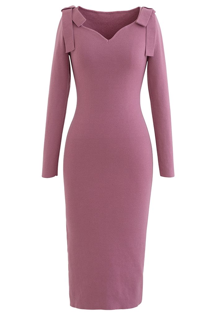 Bowknot Shoulder Split Side Bodycon Knit Dress in Lilac