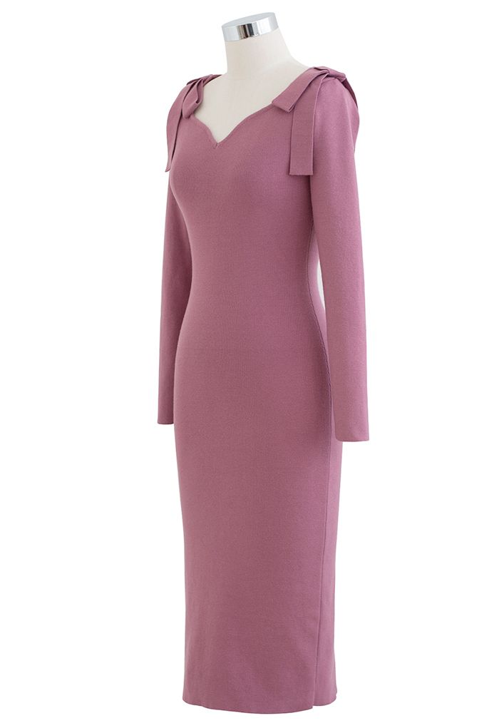 Bowknot Shoulder Split Side Bodycon Knit Dress in Lilac