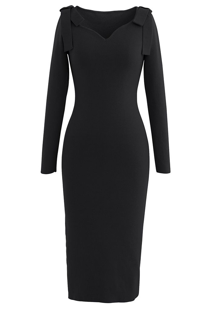 Bowknot Shoulder Split Side Bodycon Knit Dress in Black