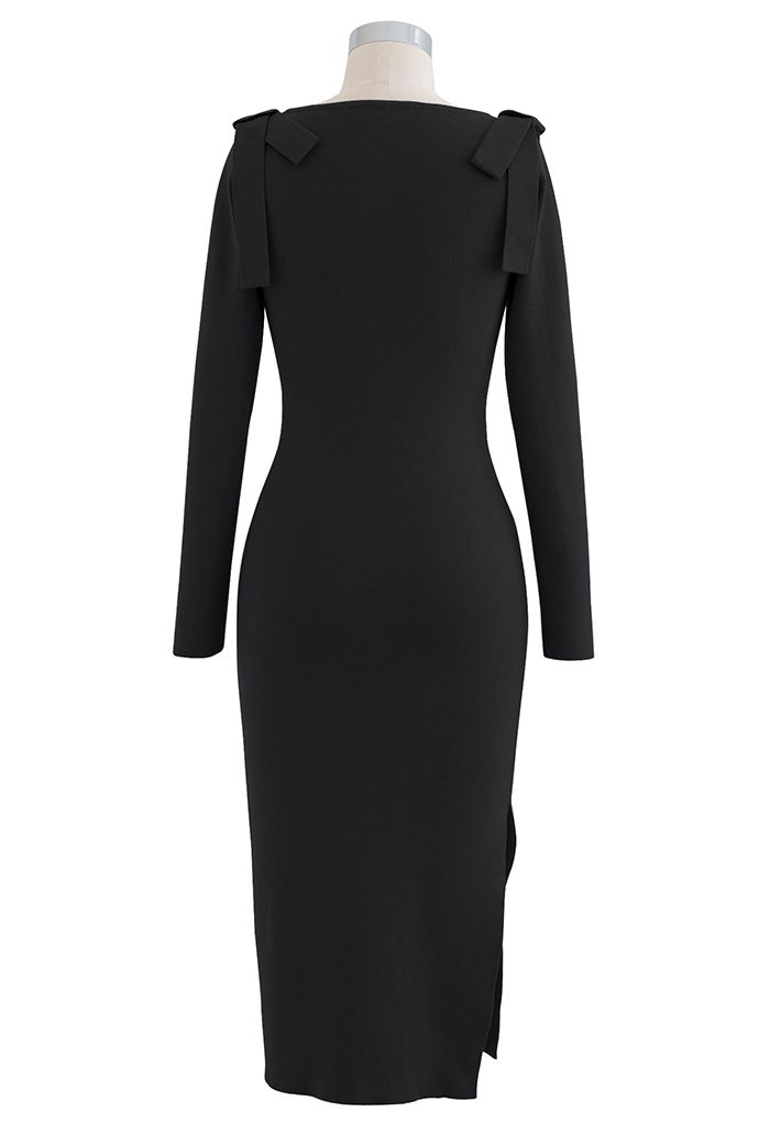 Bowknot Shoulder Split Side Bodycon Knit Dress in Black