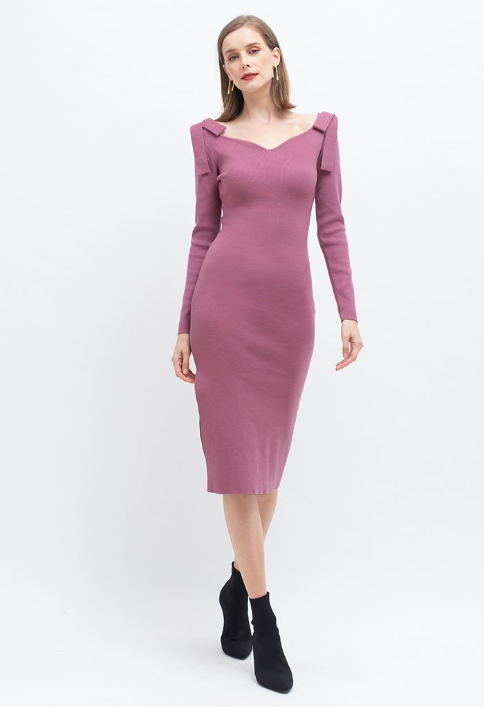 Bowknot Shoulder Split Side Bodycon Knit Dress in Lilac