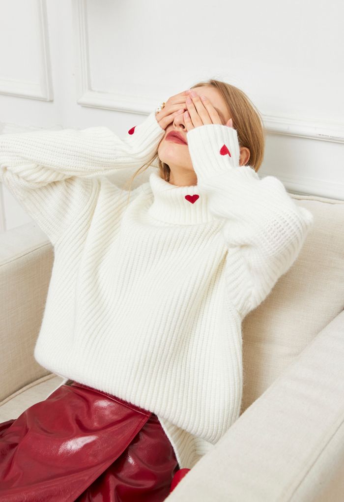 Embroidered Red Heart Turtleneck Crop Sweater in White