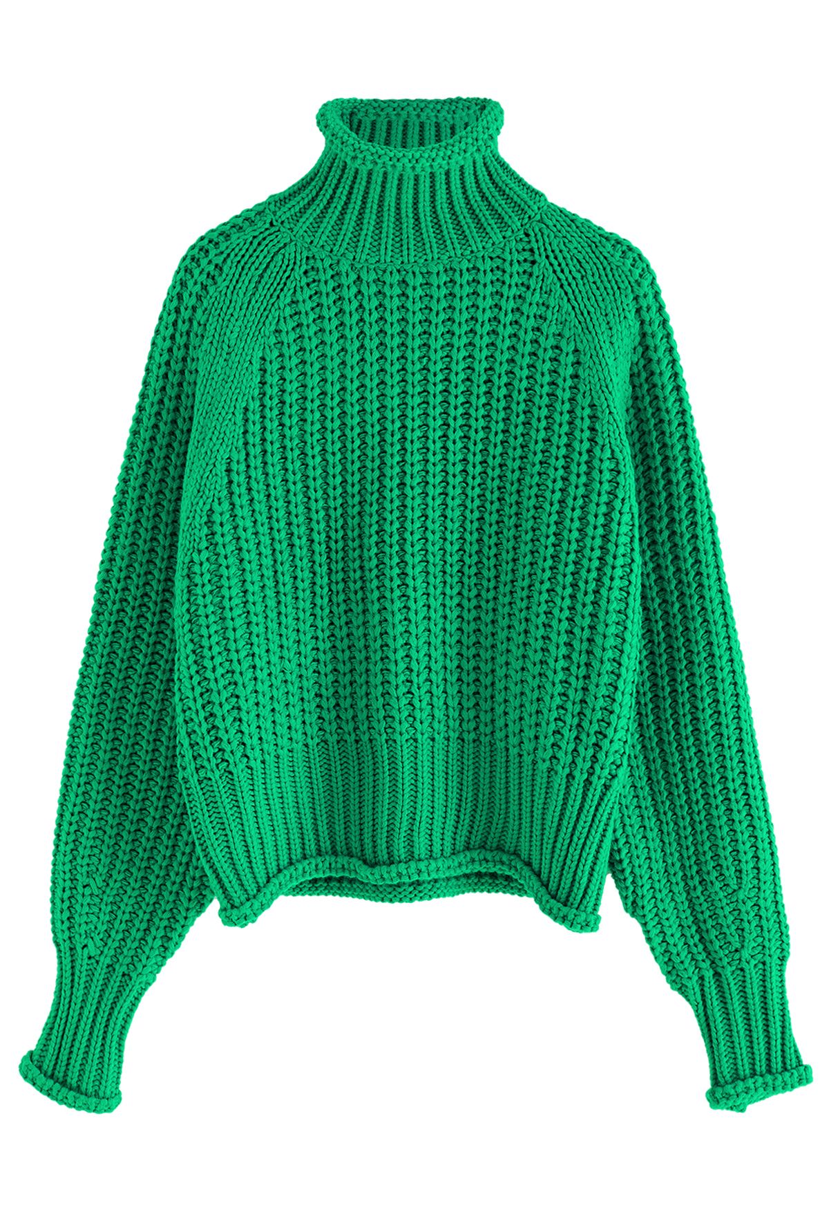 High Neck Chunky Knit Sweater in Green