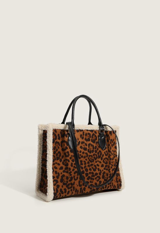 Lambswool Trim Faux Leather Tote Bag in Leopard