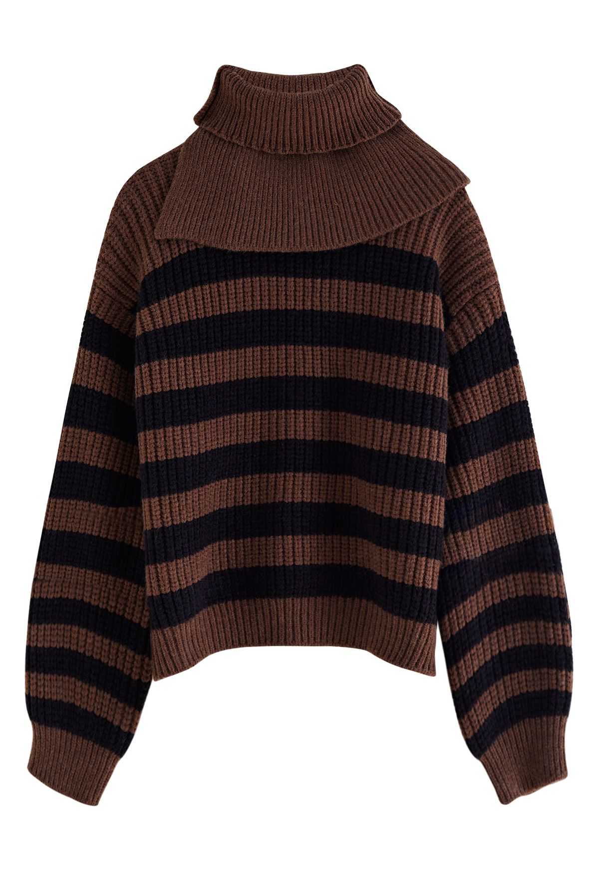 Detachable Scarf Striped Knit Sweater in Brown