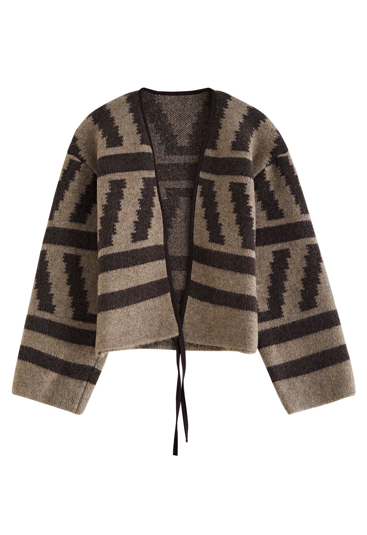 Tie-String Open Front Striped Knit Cardigan in Brown