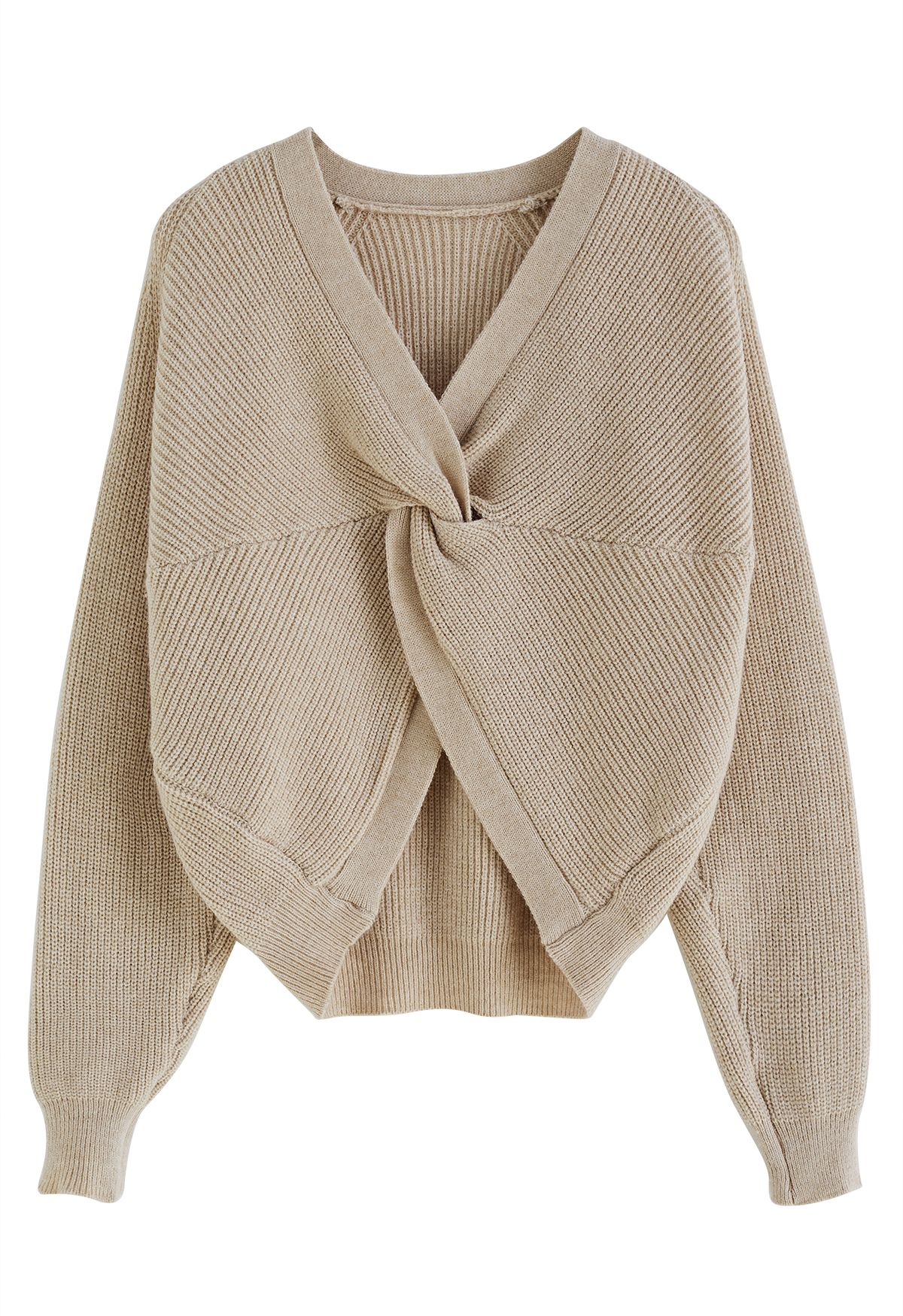 Twist Front Solid Color Sweater in Light Tan