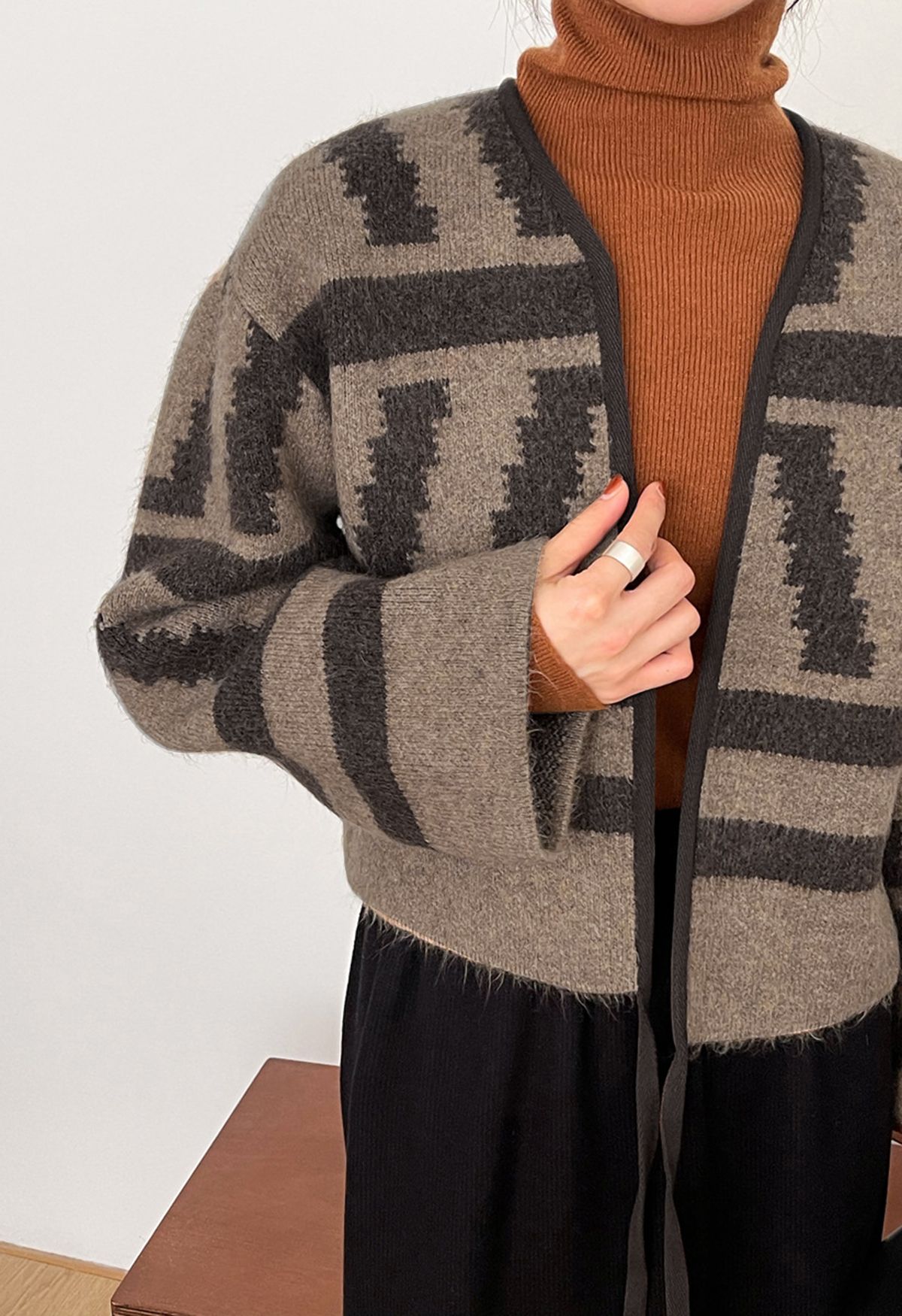 Tie-String Open Front Striped Knit Cardigan in Brown