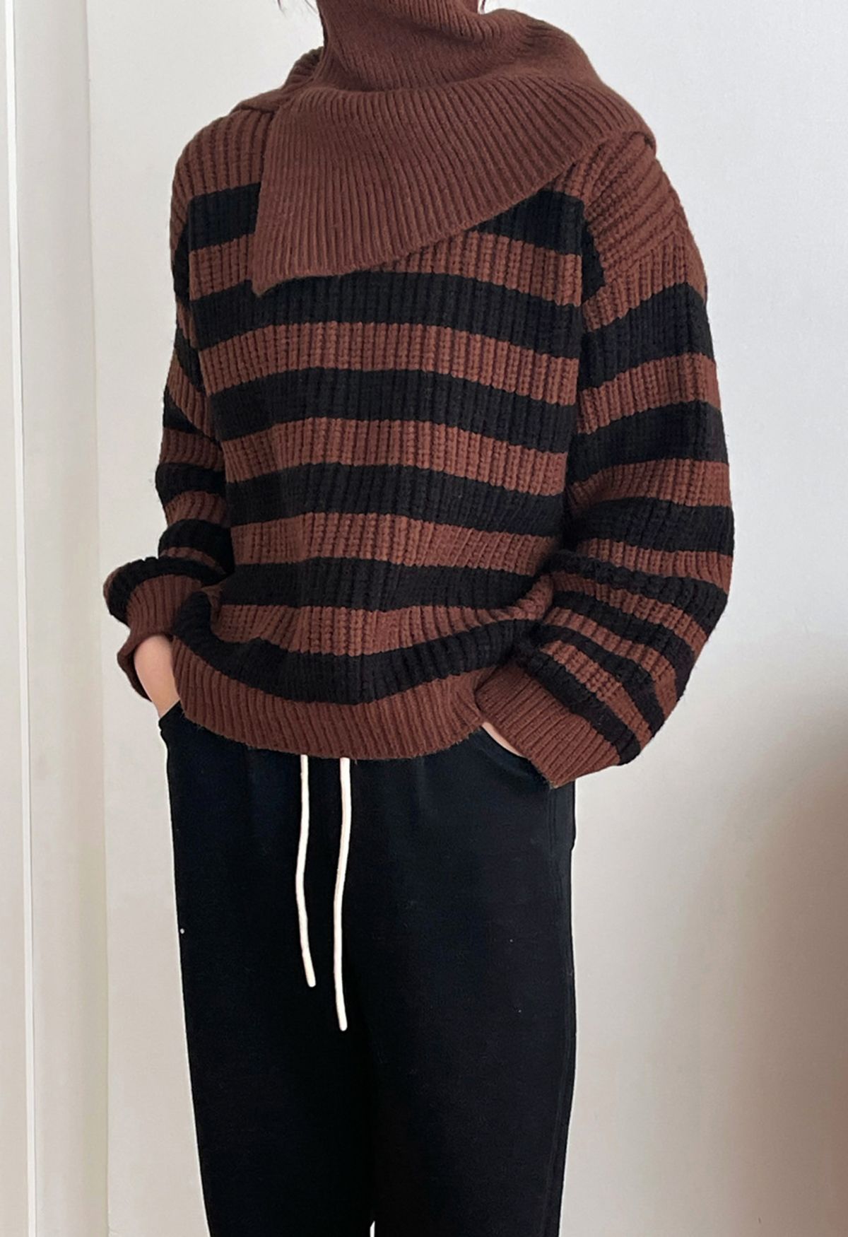 Detachable Scarf Striped Knit Sweater in Brown