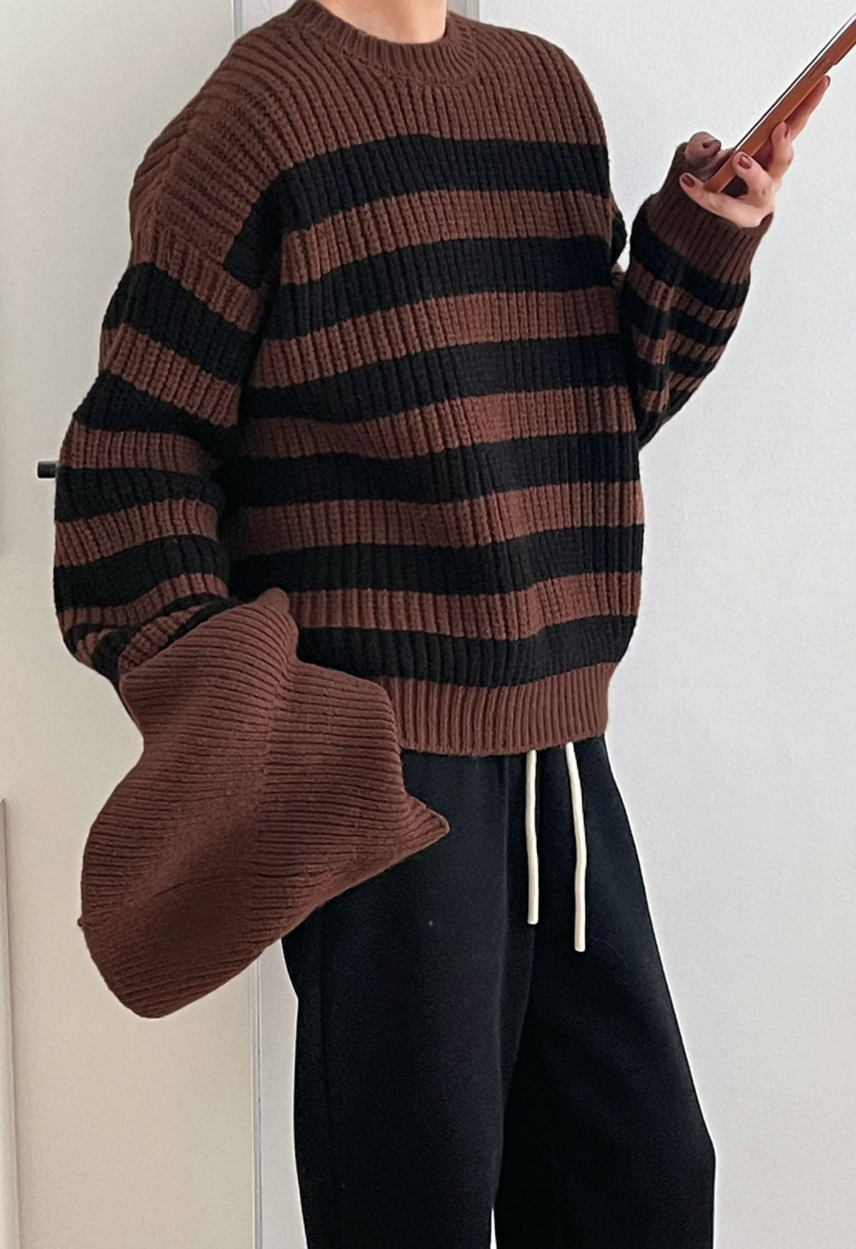 Detachable Scarf Striped Knit Sweater in Brown