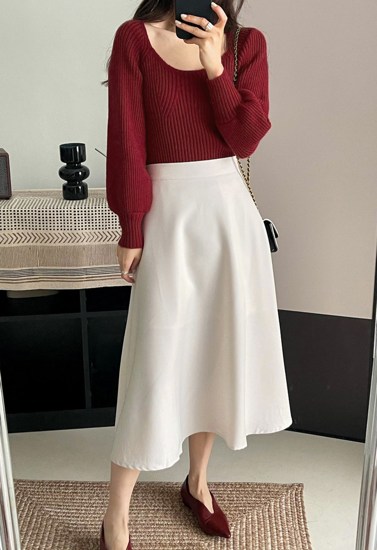 Wide Round Neck Rib Knit Top in Burgundy