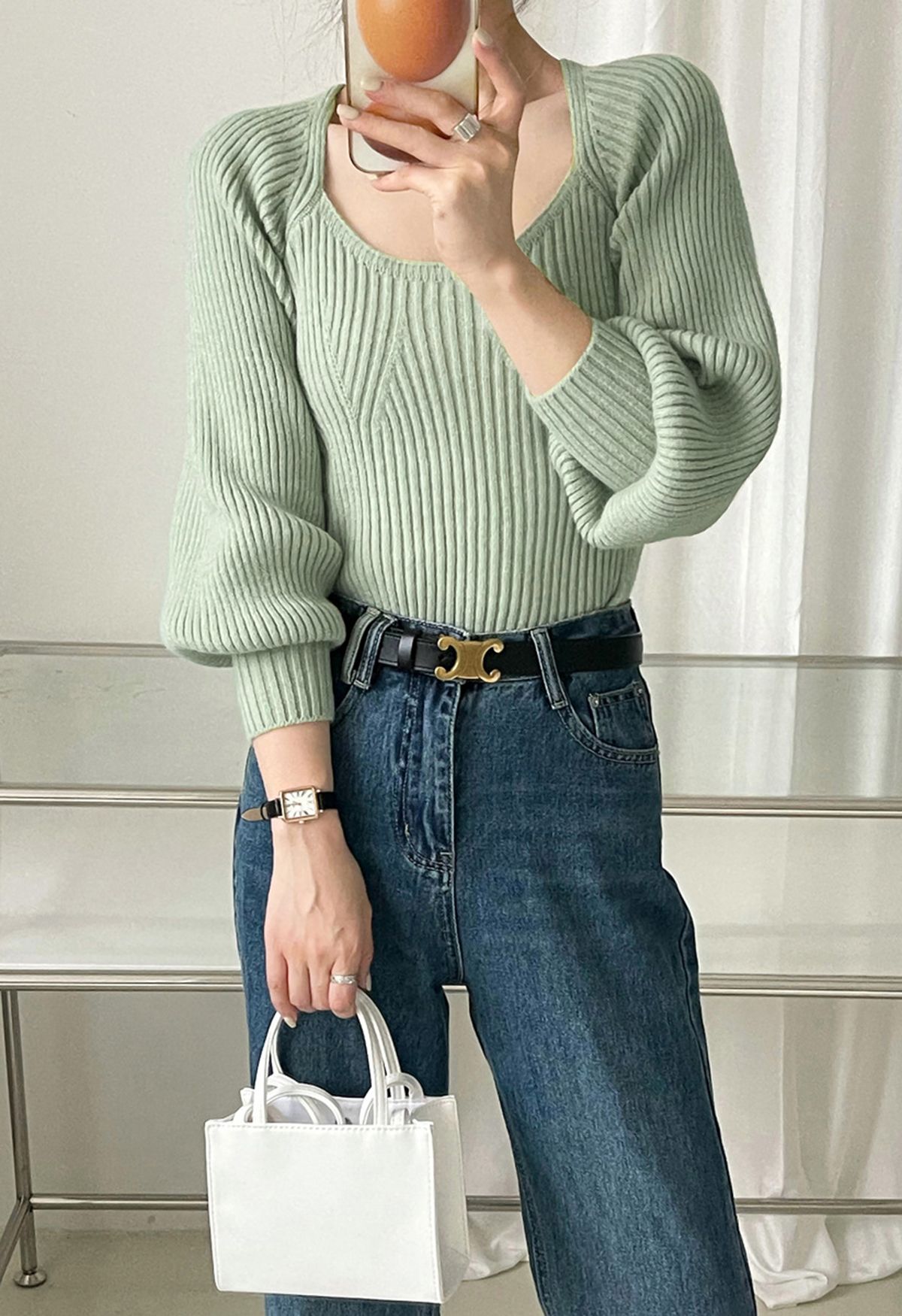 Wide Round Neck Rib Knit Top in Mint