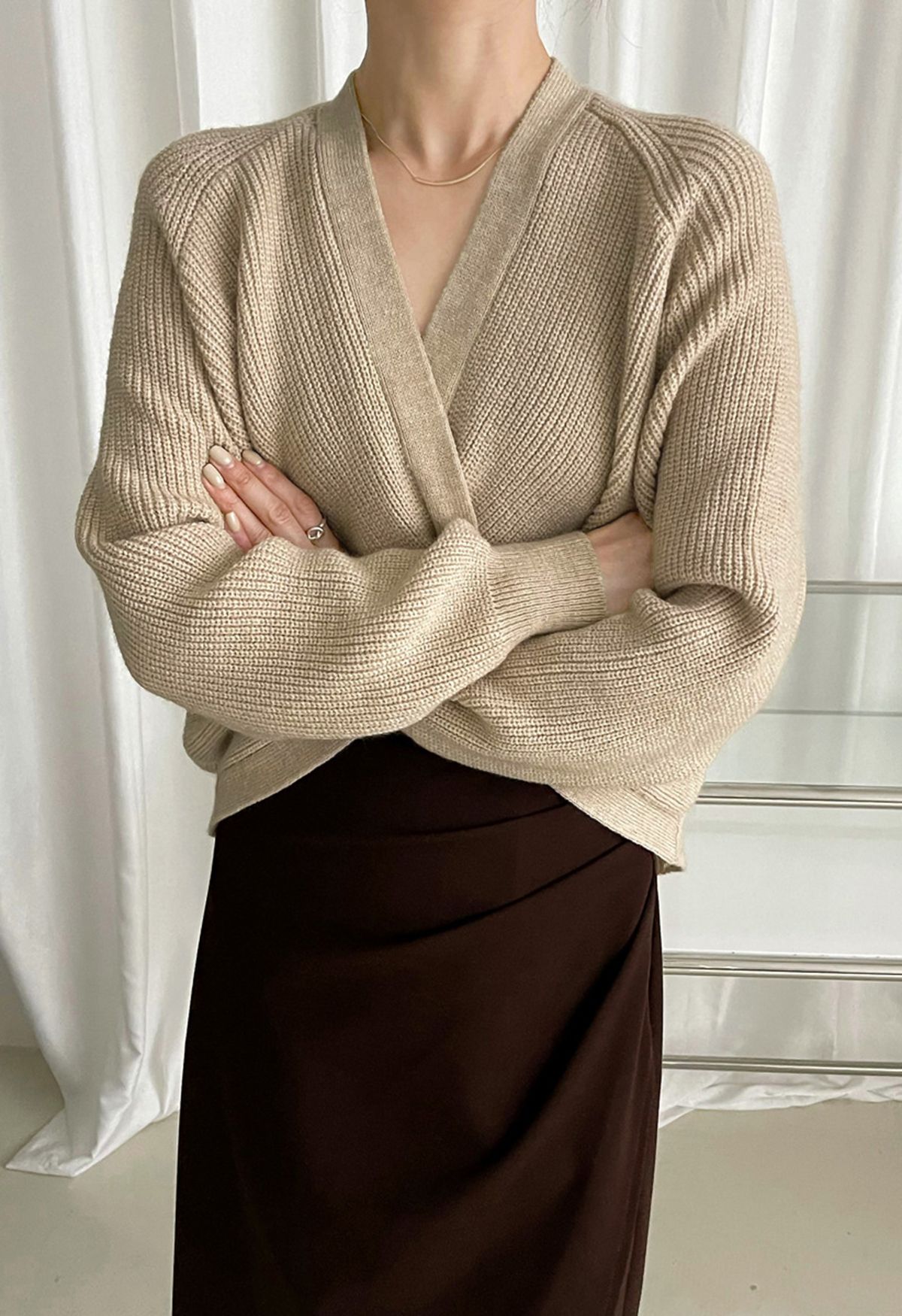 Twist Front Solid Color Sweater in Light Tan