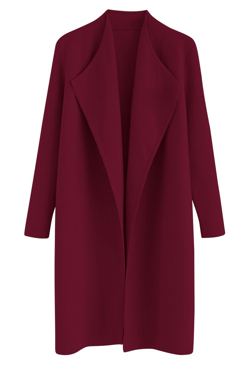 Classy Open Front Knit Coat in Burgundy