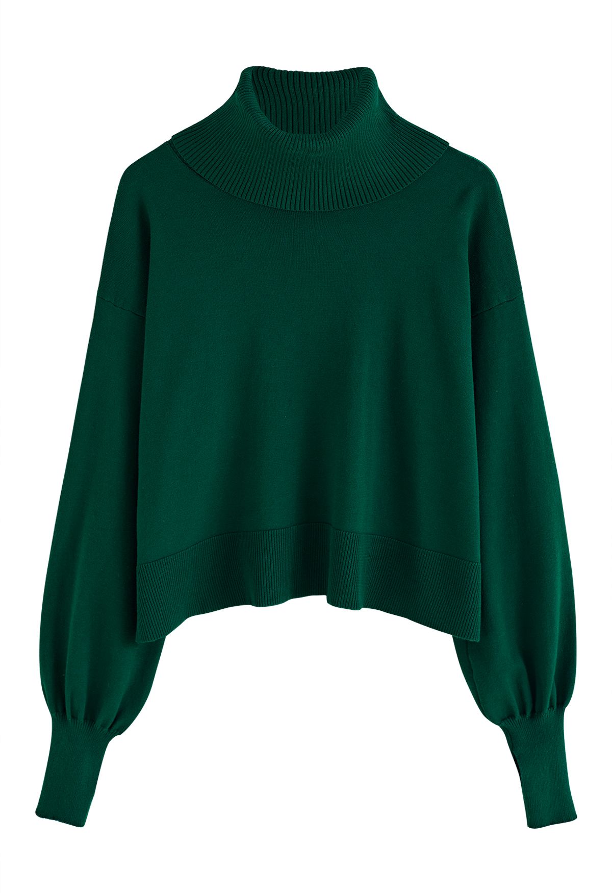 Turtleneck Side Buttons Slouchy Knit Top in Dark Green