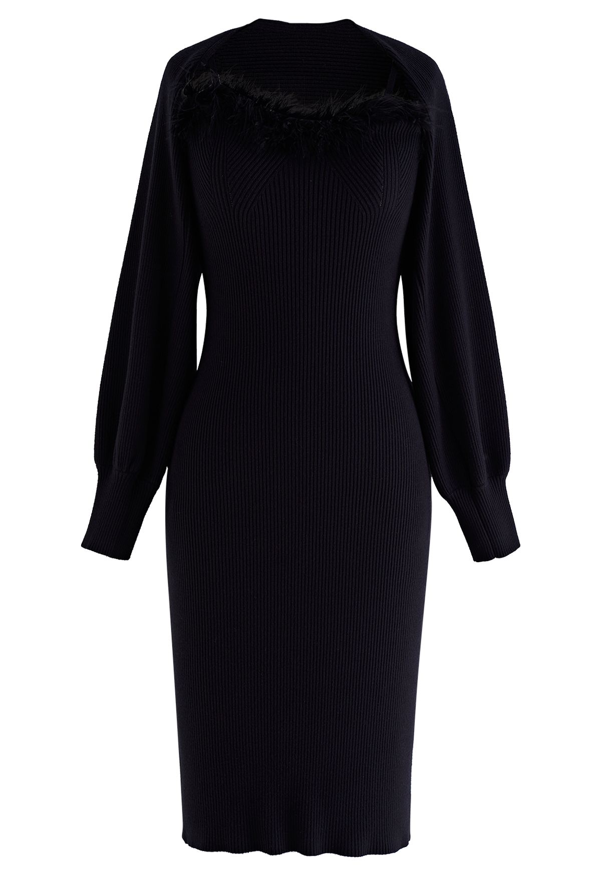 Feathered Ribbed Knit Twinset Dress in Black