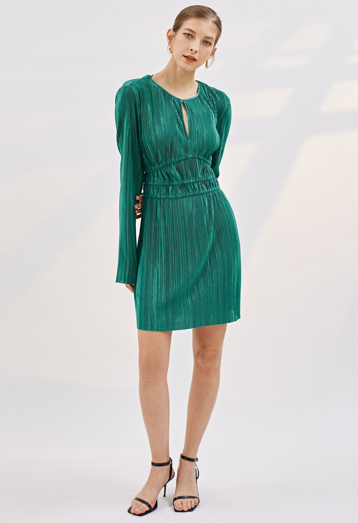 Cutout Raw-Cut Full Plisse Dress in Emerald