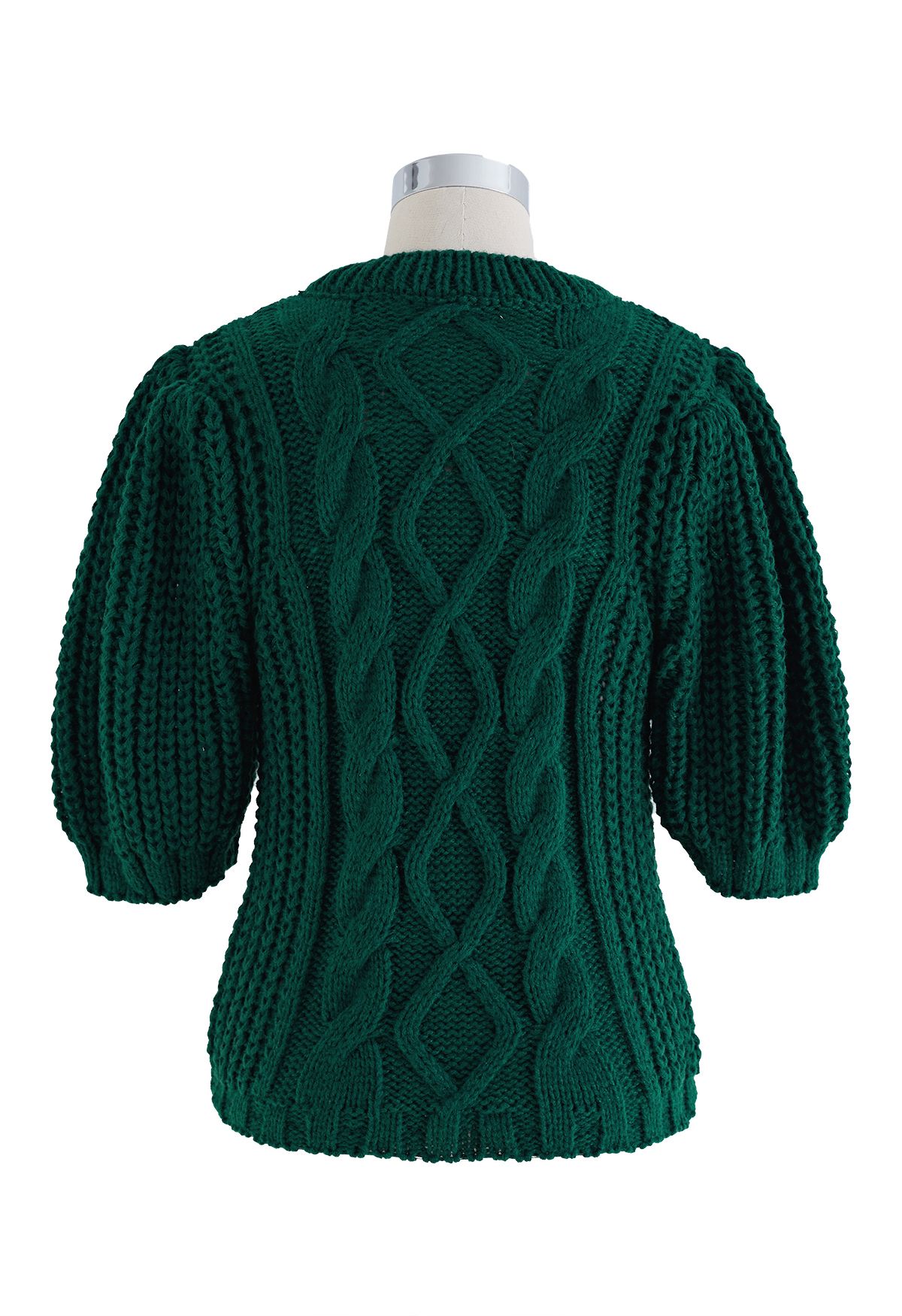 Bubble Sleeve Braided Ribbed Sweater in Dark Green