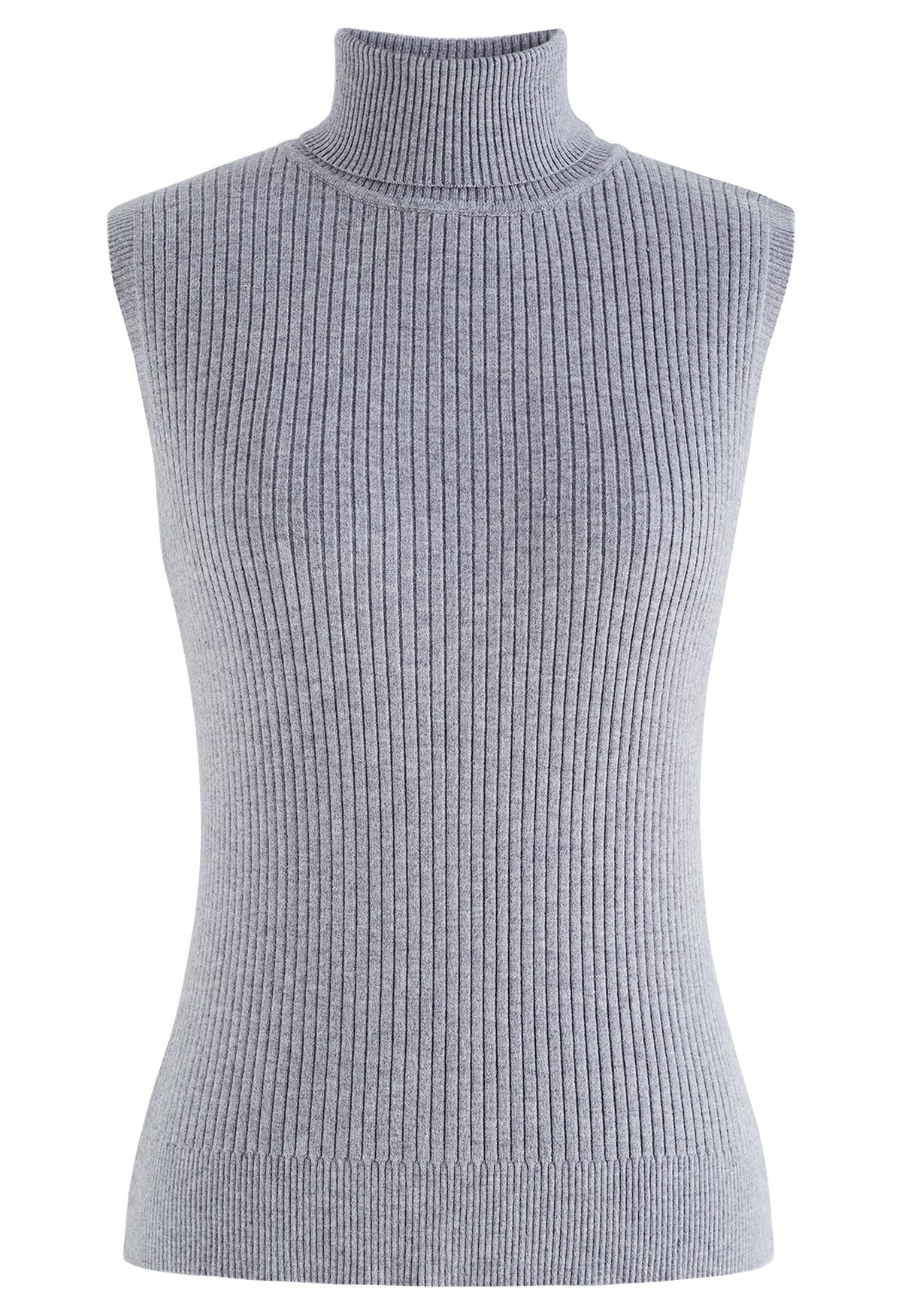 Turtleneck Soft Knit Sleeveless Top in Grey