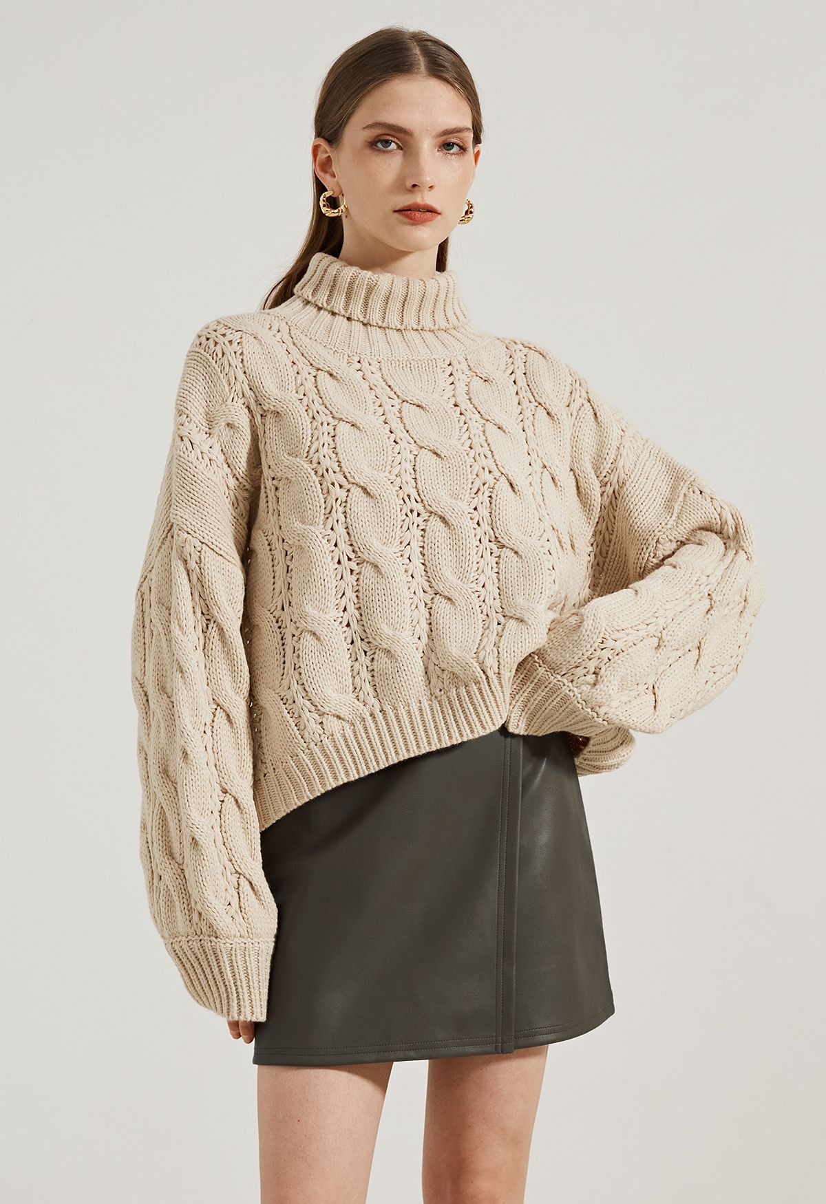 Turtleneck Braid Knit Crop Sweater in Camel