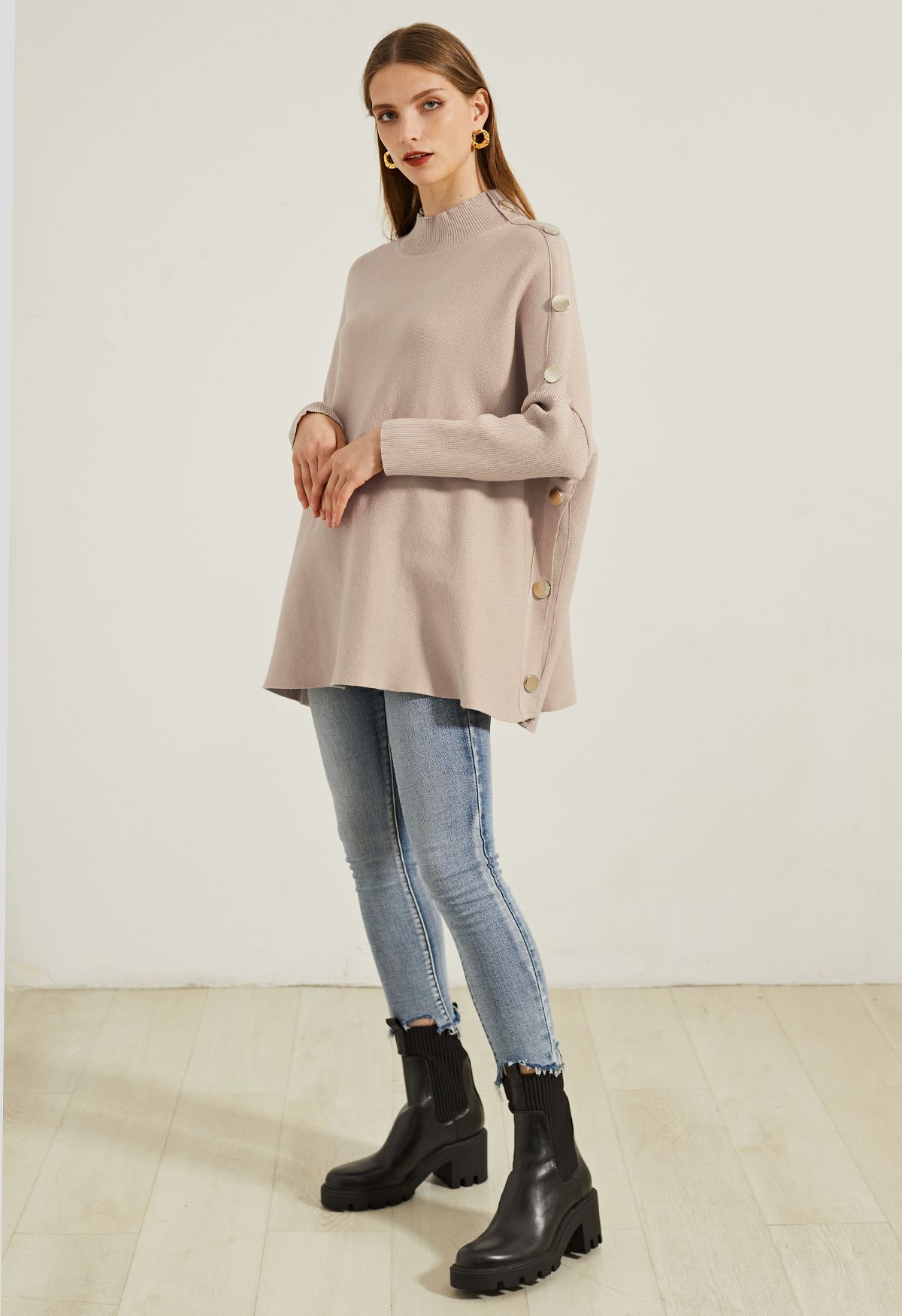 Side Buttoned Flap High Neck Knit Poncho in Camel