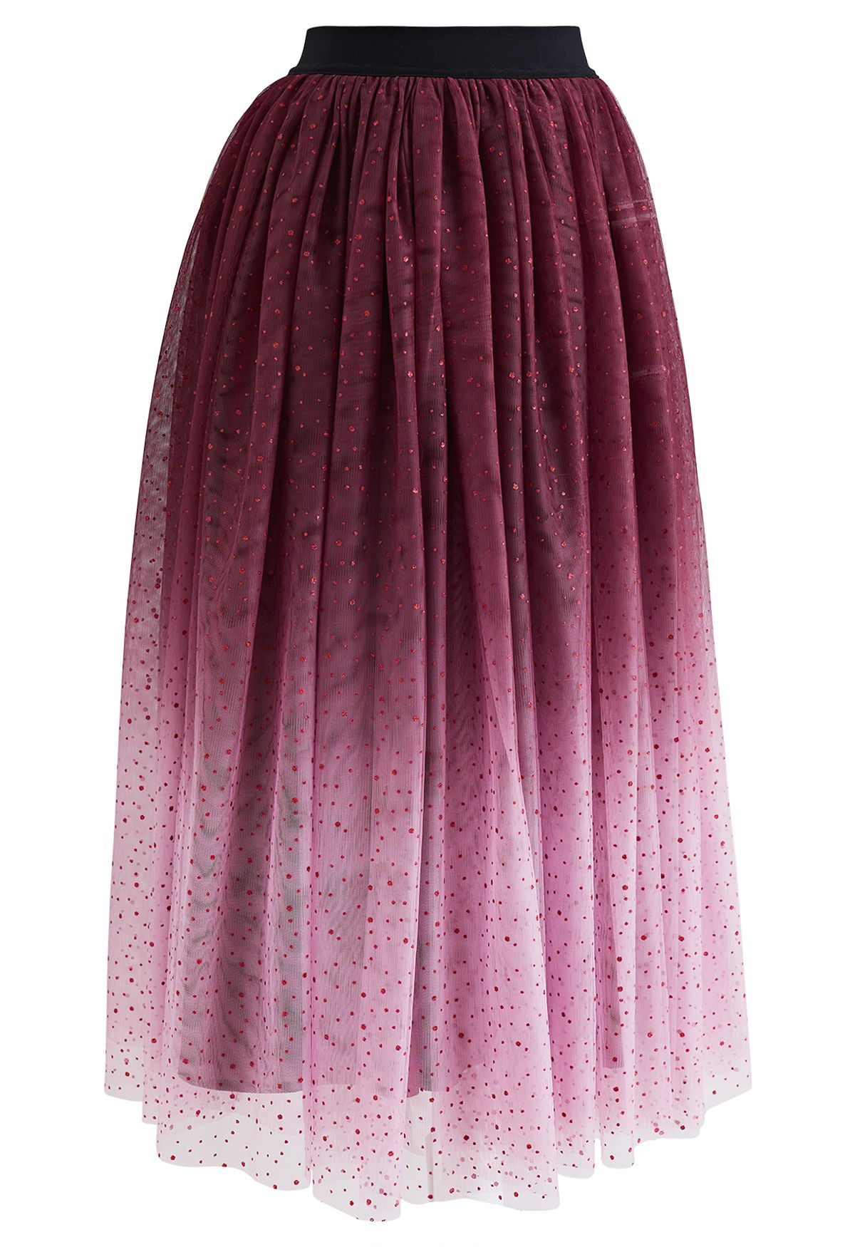 Festive Sparkle Ombre Tulle Midi Skirt in Burgundy