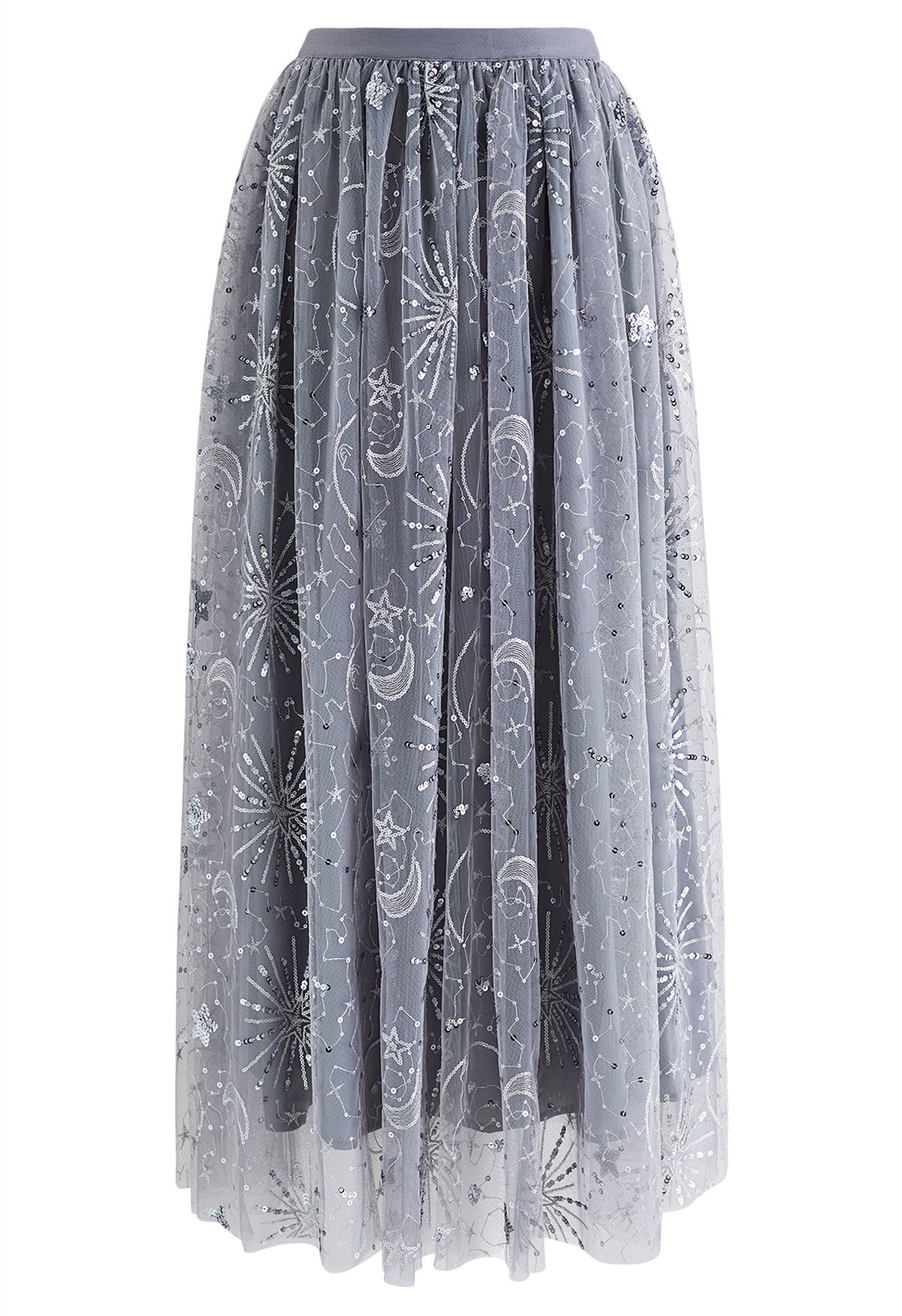 Moon and Star Sequin-Embellished Tulle Maxi Skirt in Grey