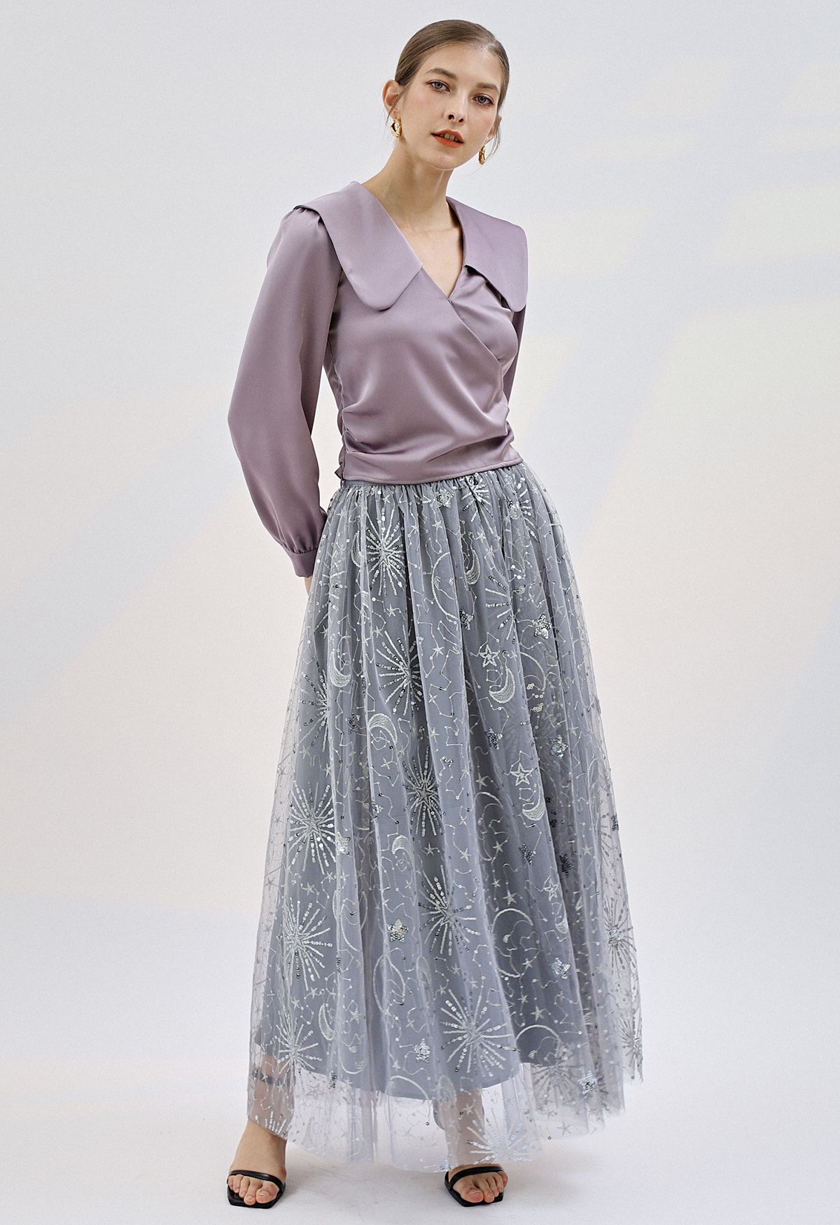 Moon and Star Sequin-Embellished Tulle Maxi Skirt in Grey