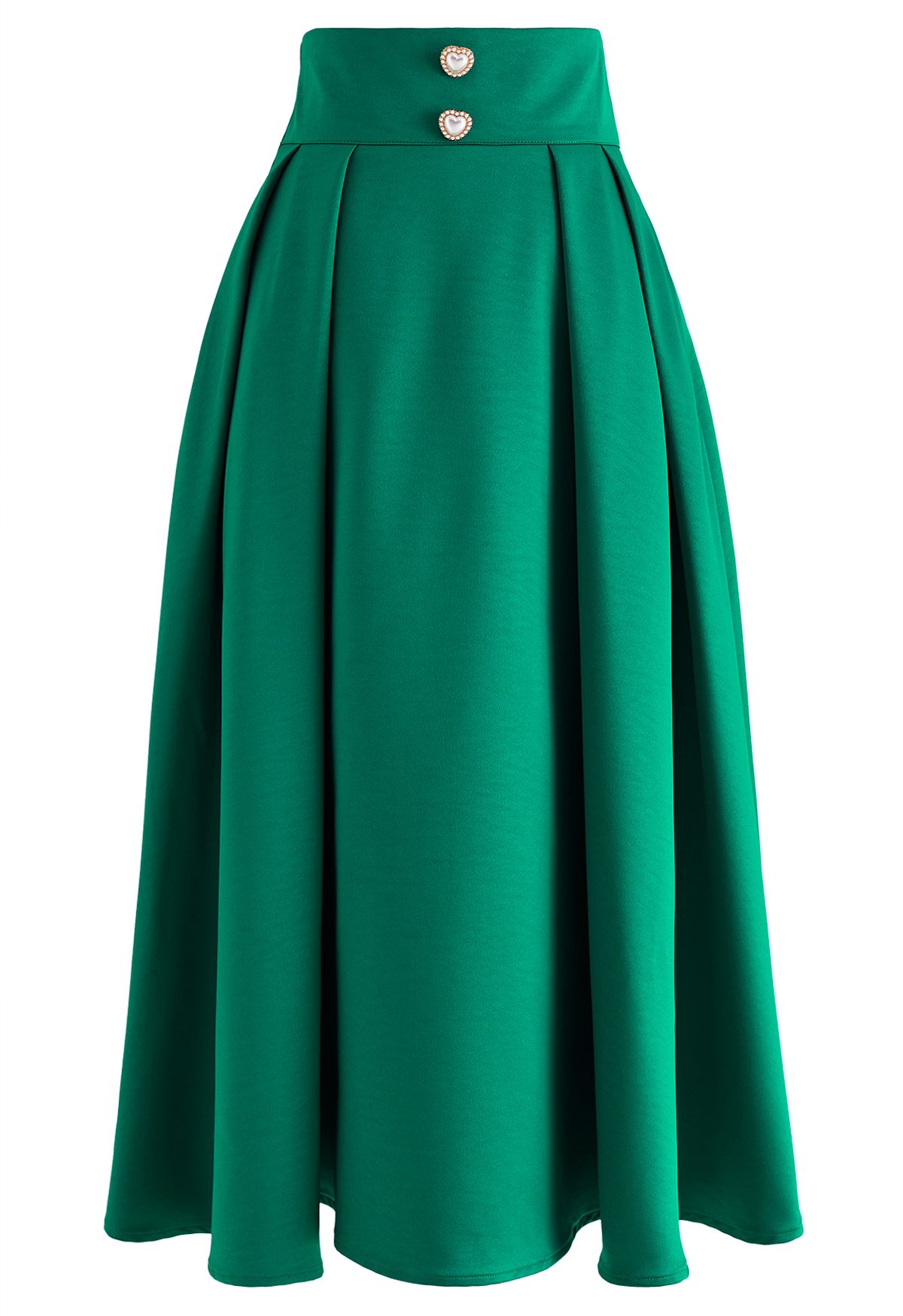 Pearl Heart Buttoned A-Line Midi Skirt in Emerald