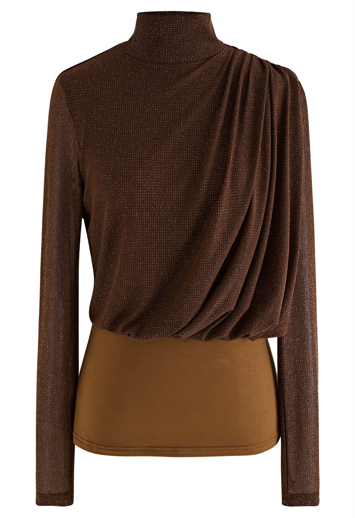 Gleam High Neck Spliced Ruched Top in Brown