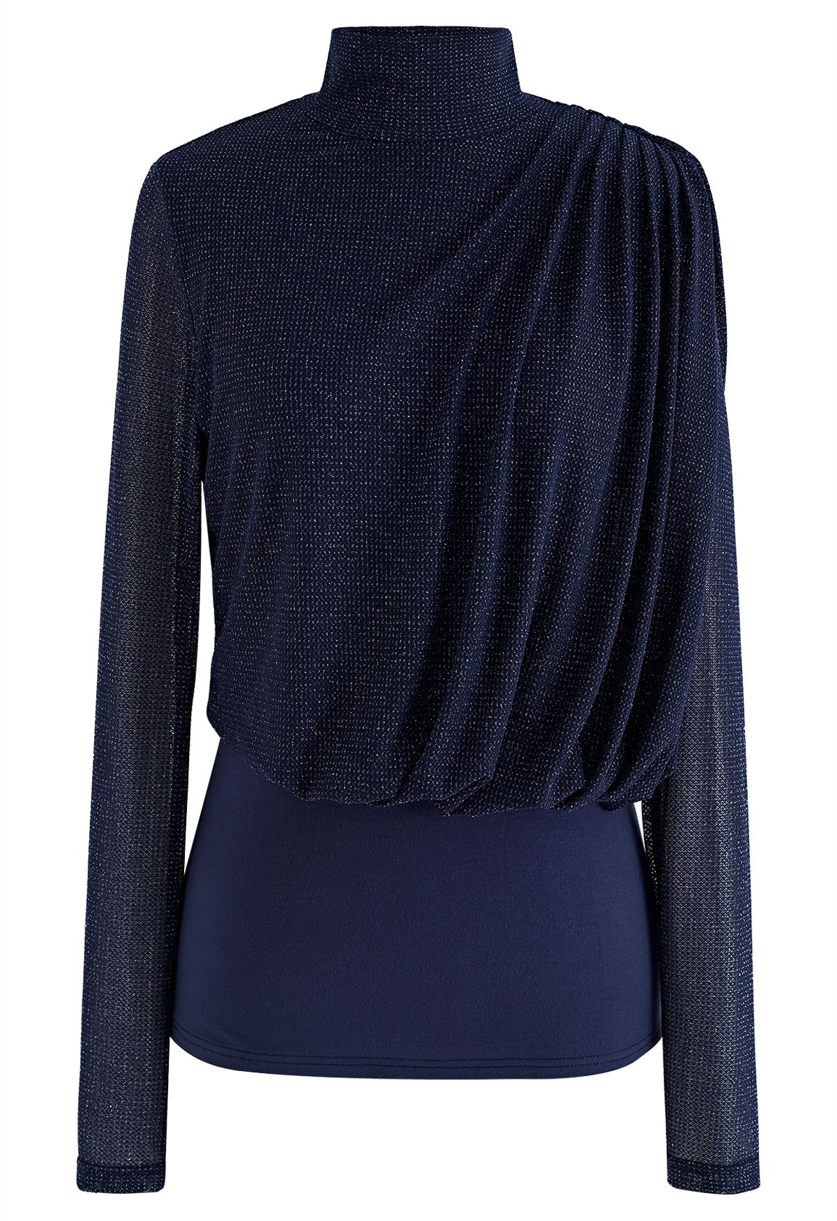 Gleam High Neck Spliced Ruched Top in Navy