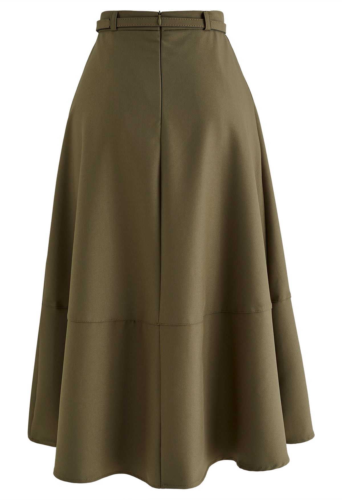 Side Pockets Pleated Belt Midi Skirt in Moss Green