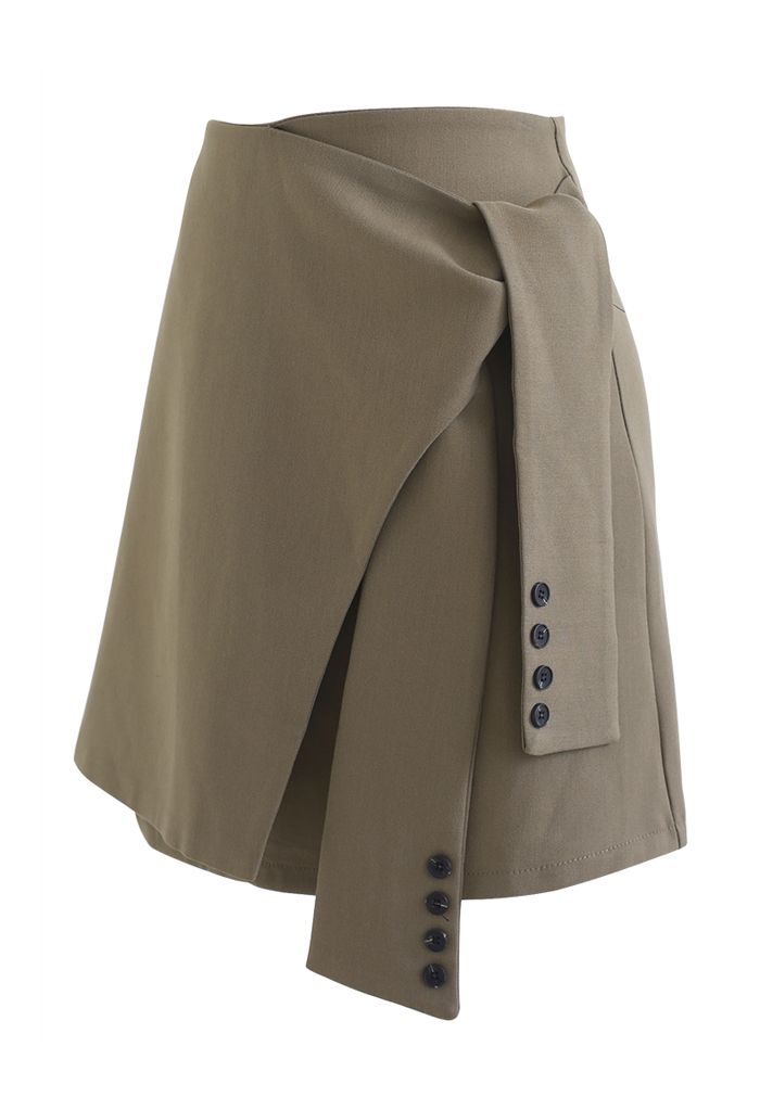 Tie Waist Flap Front Mini Skirt in Khaki